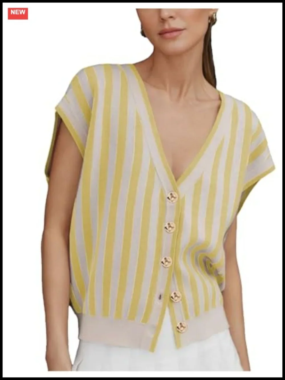 Women's Striped Knit Cardigan Vest Golden Button Cap Sleeve